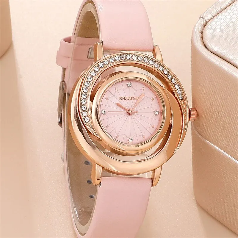 Juego de 5 piezas de reloj de lujo para mujer, anillo, collar, pendientes, diamantes de imitación, reloj de pulsera informal para mujer