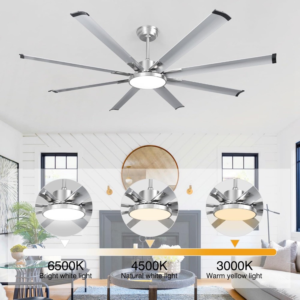 74" Large Ceiling Fan, Industrial Ceiling Fan, 8 Aluminum Blades Reversible Quiet DC Motor, Ceiling Fans with Lights and Remote,