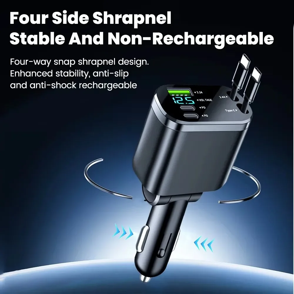 NEW Upgraded Retractable Car Charger 5 in 1, 69W Fast Charging PD30W+2.4A Voltage Display Dual Cables for iPhone & Android