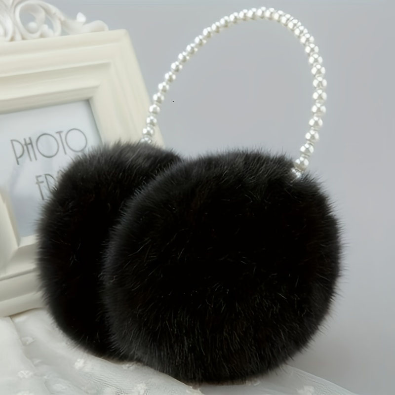 Diadema de felpa con aro de perlas de imitación, orejeras mullidas elegantes de Color sólido, calentador de orejas grueso a prueba de frío para mujeres y niñas