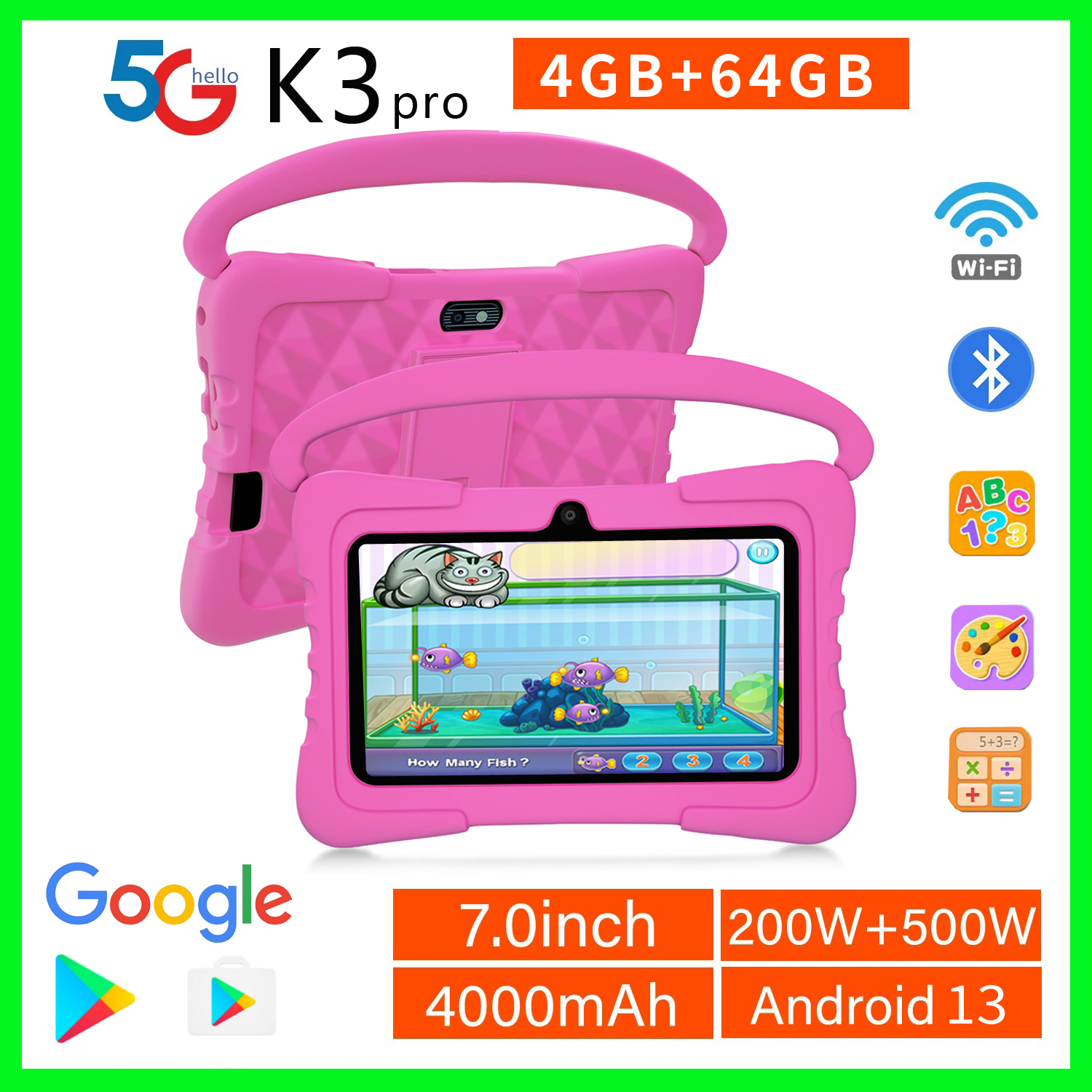 Sauenaneo 7 Polegada criança tablet android 13, 4gb (2 + 2 expandir) ram 64gb rom, 1tb expandir, 1024x600 lcd 4000mah bateria, câmera dupla, wifi