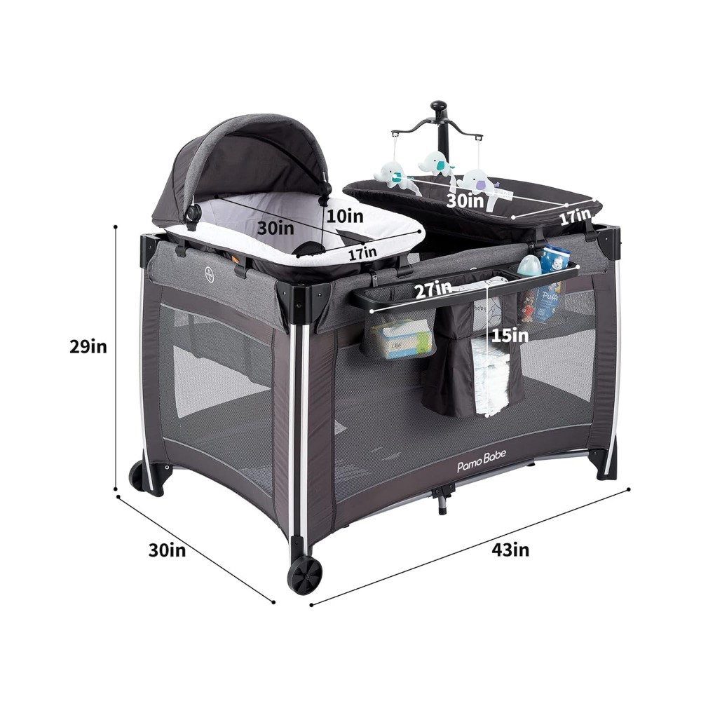 4 in 1 Portable Baby Crib Deluxe Nursery Center, Foldable Travel Playard with Bassinet, Mattress, Changing Table for Newborn,