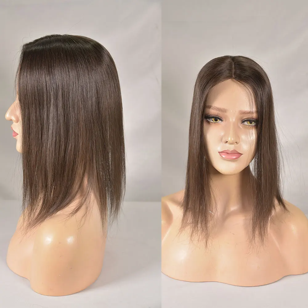 MONO ลูกไม้ Toppers ผมสําหรับผู้หญิง 4x6 TOP ผมชิ้น 100% มนุษย์ผมสีน้ําตาลสีคลิปในส่วนขยายไม่มี Bangs