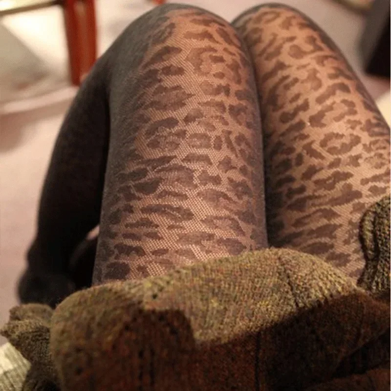 Vintage Women Sexy Thin Transparent Silky Pantyhose Gothic Black Sexy Leopard Animal Pattern Sheer Tights Seamless Stockings