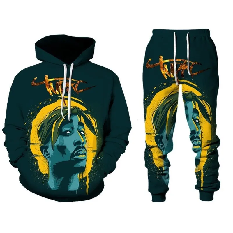 Rap cantor 2 pac tupac 3d impresso moletom com capuz terno masculino moletom moletom casual moda duas peças conjunto de treino roupas masculinas