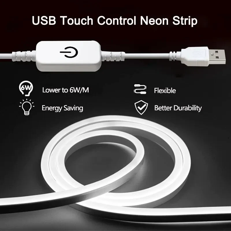 Tira de luces LED de neón de silicona, 5V, USB, 3535, Interruptor táctil regulable, cinta Flexible impermeable, lámpara para habitación, decoración del hogar