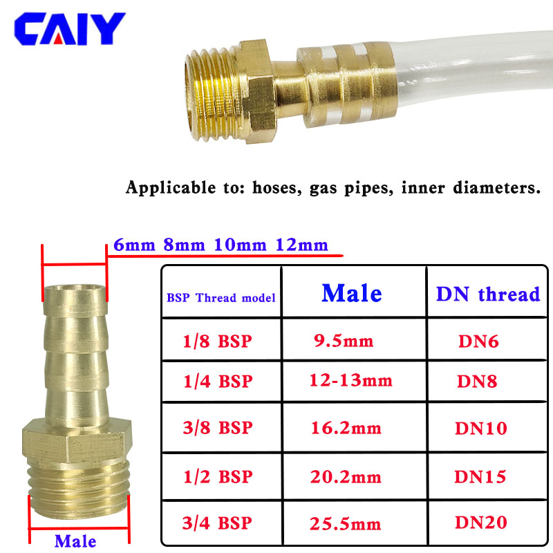 Conector de manguera de latón 6 8 10 12 14mm cola de púas 1/8 "1/4" 3/8 "1/2" BSP rosca macho tubo de aire y Gas adaptador de acoplador de junta de ajuste de púas