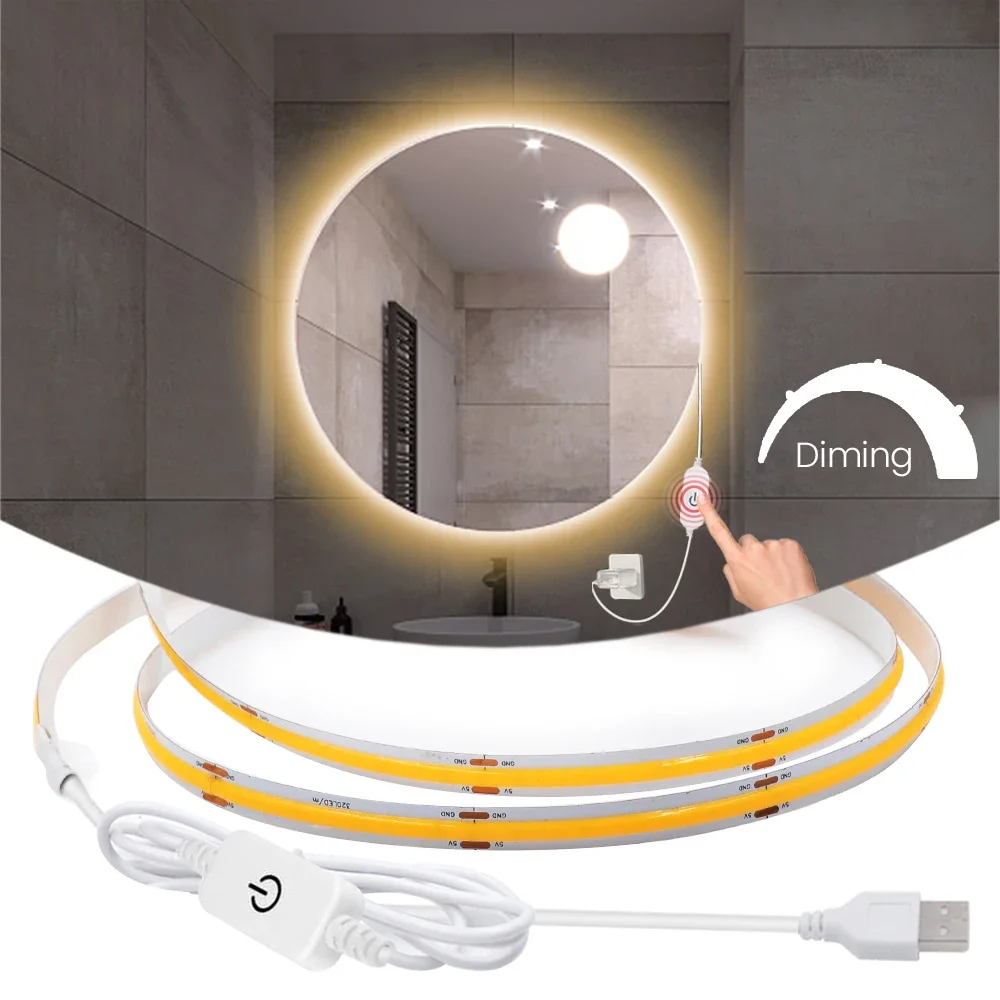 COB LED 스트립 램프 5V 5M 고밀도 유연한 LED 테이프, 터치 디밍, 캐비닛 주방 장식.