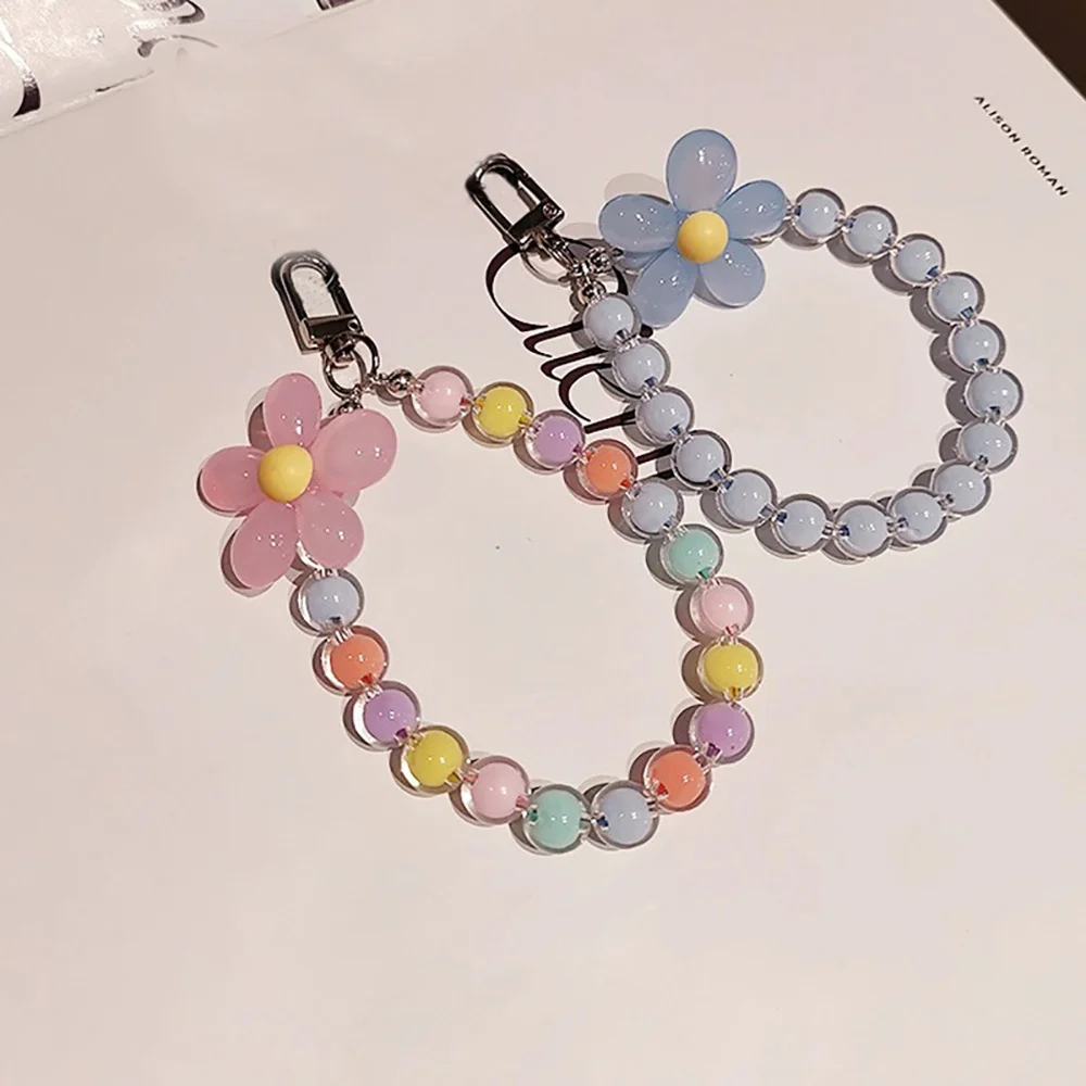 Colored bead petal Lanyard for IPhone Anti-Lost Bracelet for Samsung Mobile Phone Case Wrist Strap Car Keychain Cute Phone Charm