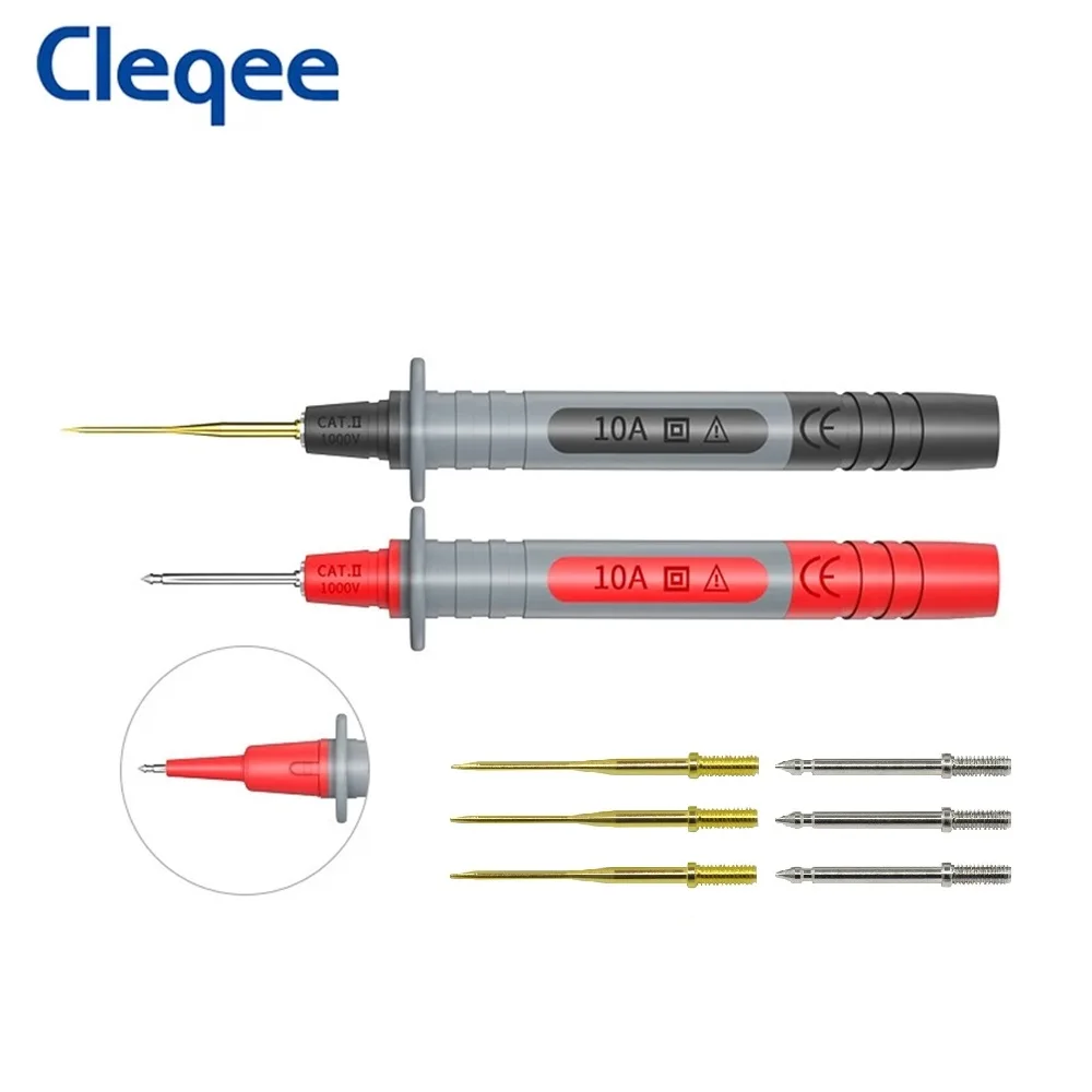 Cleqee P8003 pluma de sonda de prueba multímetro con agujas afiladas chapadas en oro reemplazables de 1mm + pluma de prueba multiusos de aguja de 2mm de espesor
