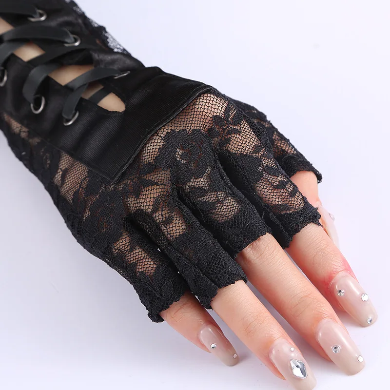 Guantes sexis de encaje Floral hasta el codo para mujer, guantes de medio dedo, cinta de hilo negro, atados para fiesta de baile, mitones de rejilla sin dedos