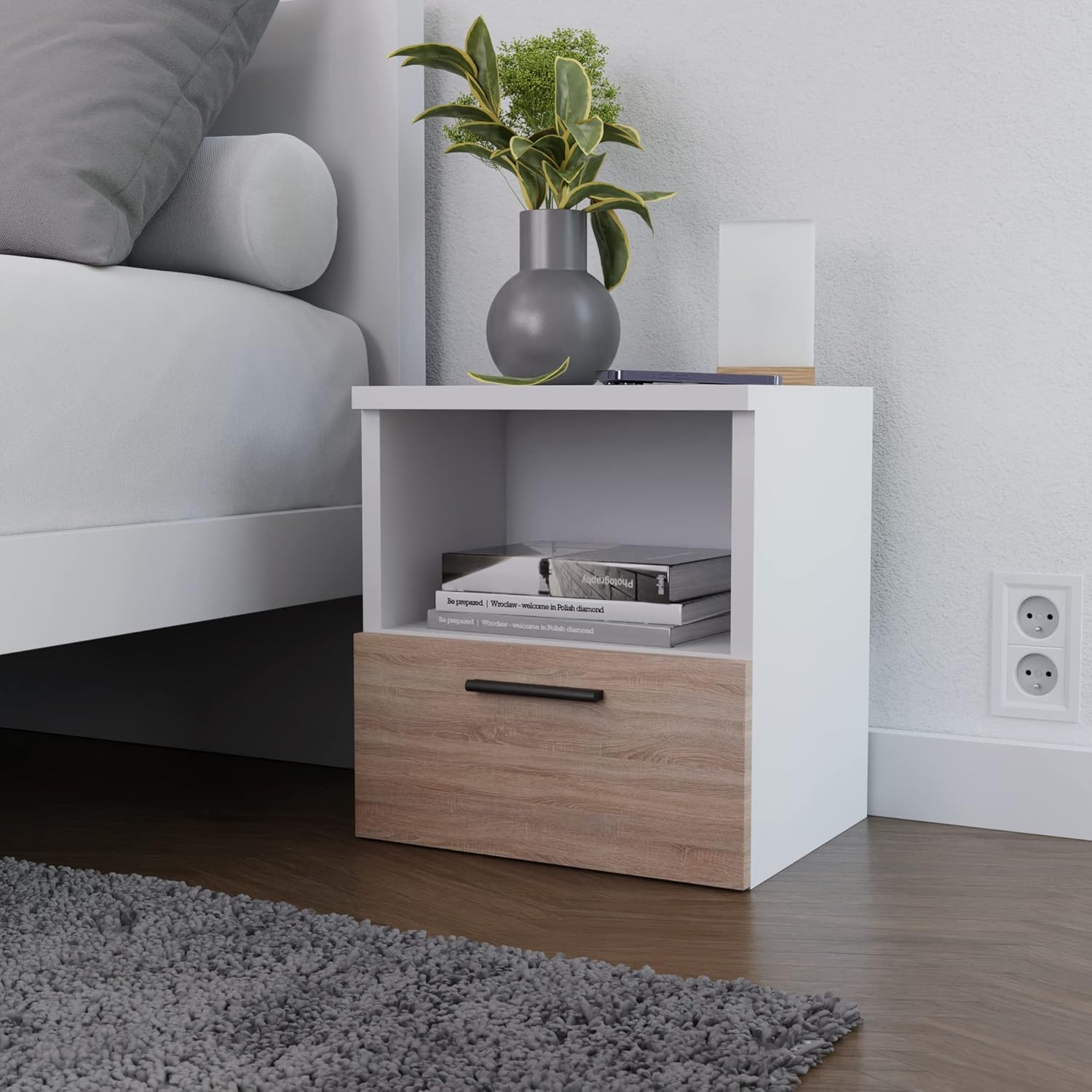 Glow Mesita de Noche, Cajonera, Gabinete de Noche, 1 Cajón, Mesa Auxiliar con Estante de Almacenamiento, Sonoma. Tamaño: Ancho3