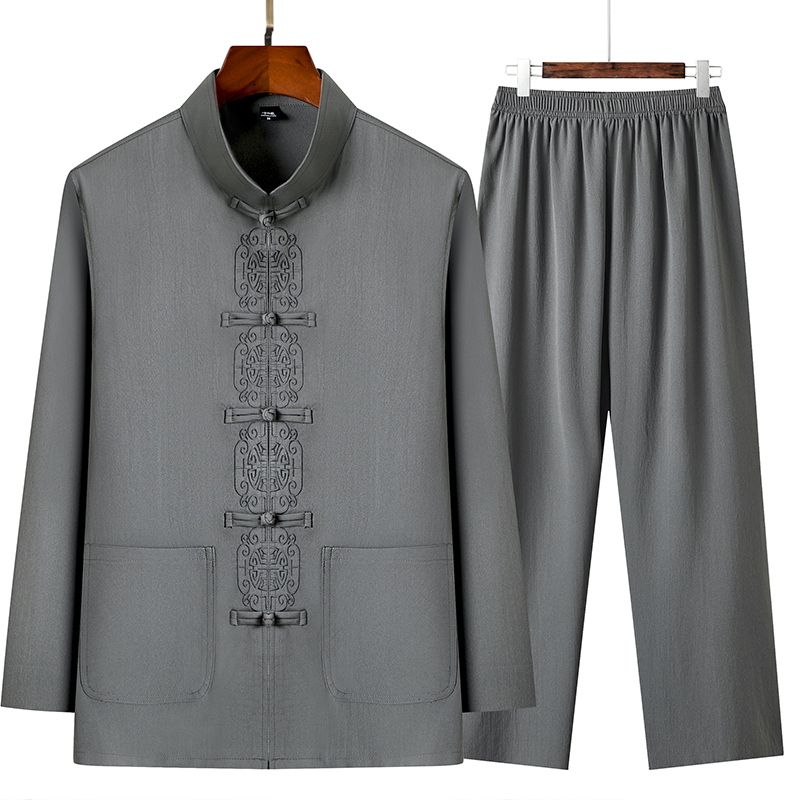 2 pçs/set masculino tang terno conjunto roupas tradicionais chinesas hanfu cintura elástica perna larga macio meados de idade camisa calças conjuntos