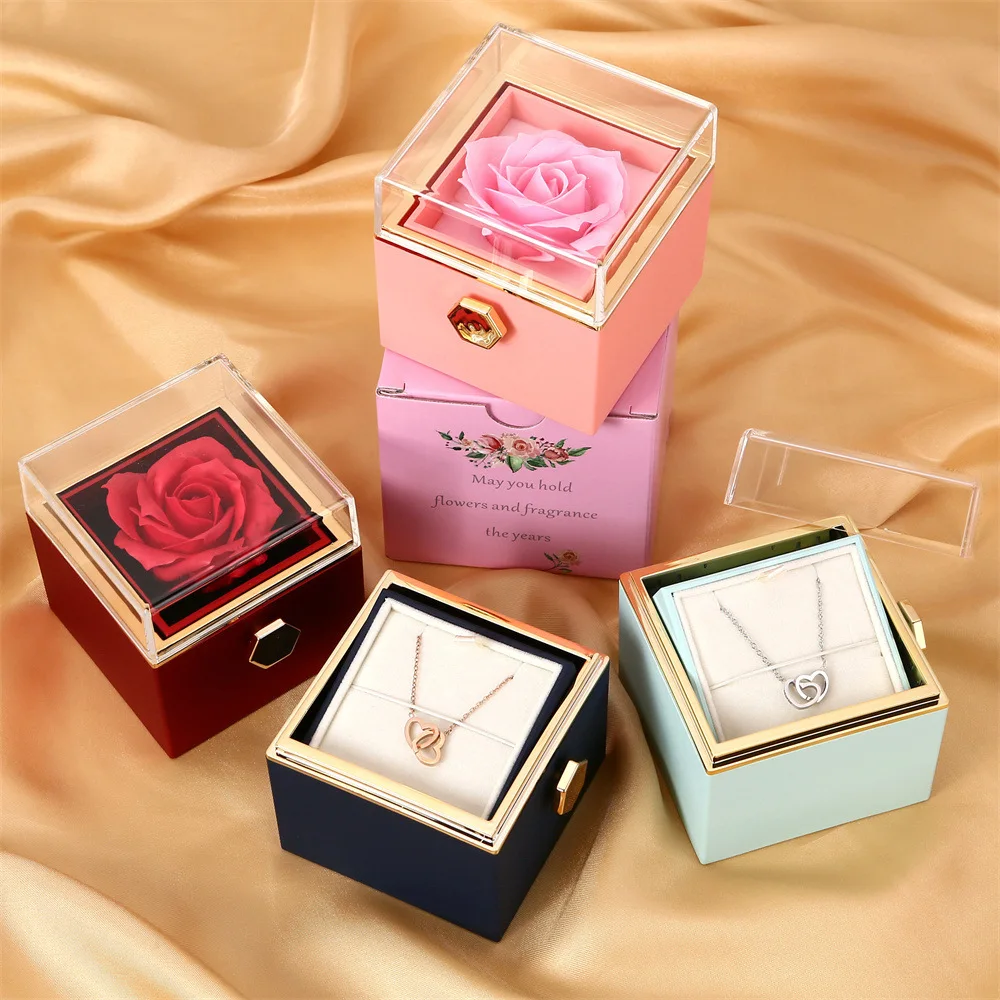 2024 nuevo regalo del Día de San Valentín personalizado para mujeres doble corazón grabado nombre collar de acero Rosa eterna caja caja de anillo de boda