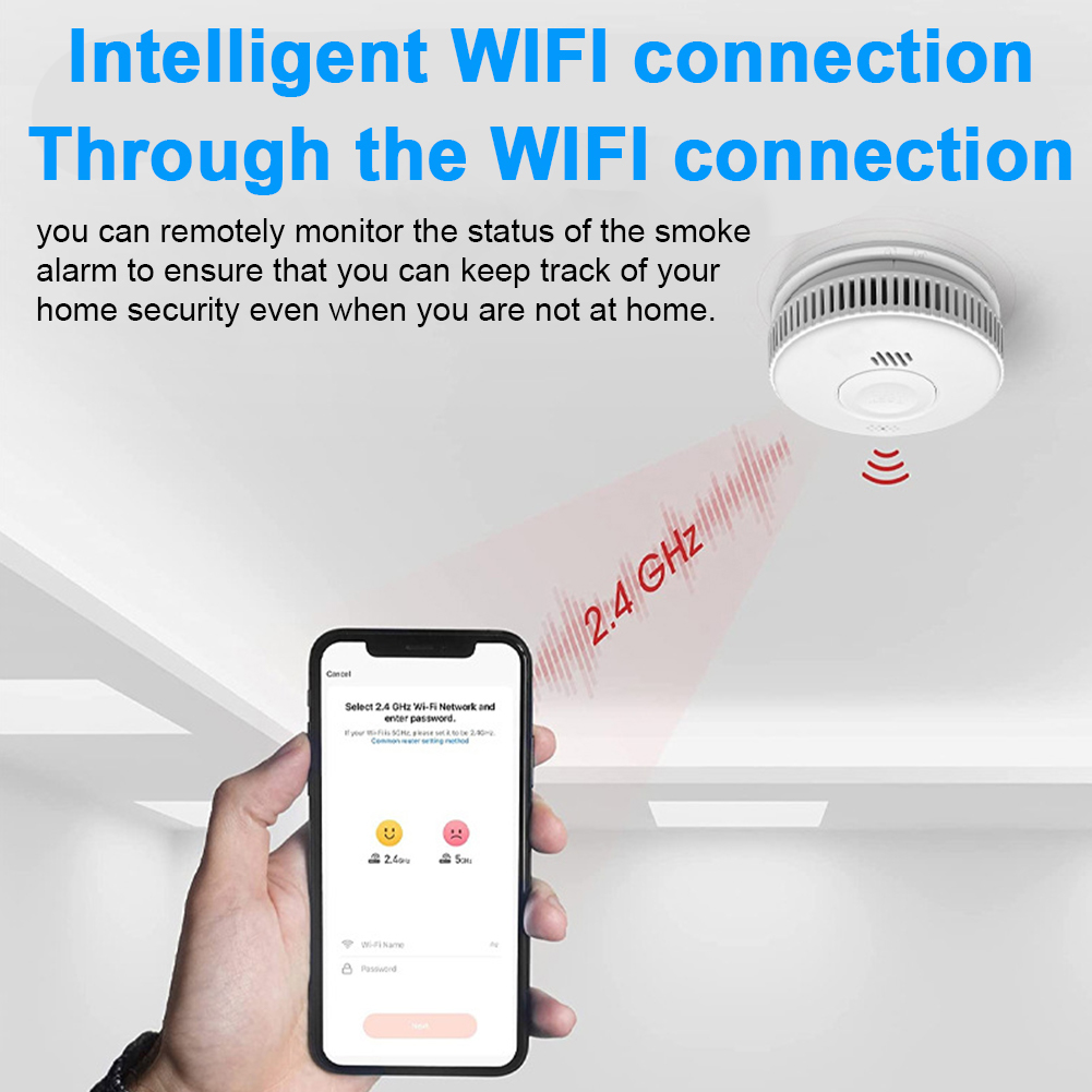 WiFi สมาร์ทสัญญาณเตือนควันแบตเตอรี่ดําเนินการ Fire Alarm พร้อมปุ่มทดสอบเครื่องตรวจจับไฟ 85dB สําหรับห้องนอนหน้าแรกและห้องเด็ก