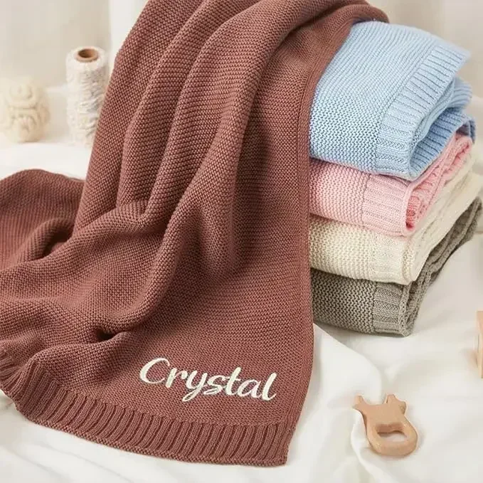 ส่วนบุคคลชื่อเด็กถักผ้าห่มผ้าฝ้าย 100x80 ซม.ผิว WARM ทารกแรกเกิด Wraps CUSTOM ผ้าห่มเด็กสําหรับฤดูหนาว