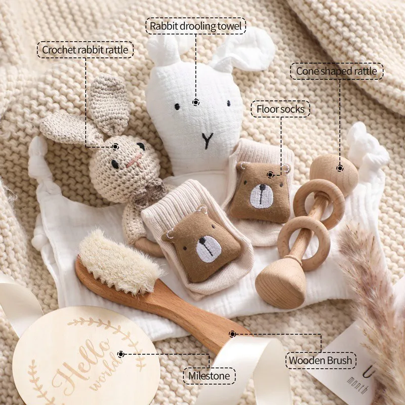 เด็กไม้โครเชต์ Rattle แปรงสร้อยข้อมือผ้าเช็ดตัวผ้าฝ้ายสองด้านผ้าห่มทารกแรกเกิดชุดของขวัญกล่องสําหรับของขวัญอาบน้ําเด็ก