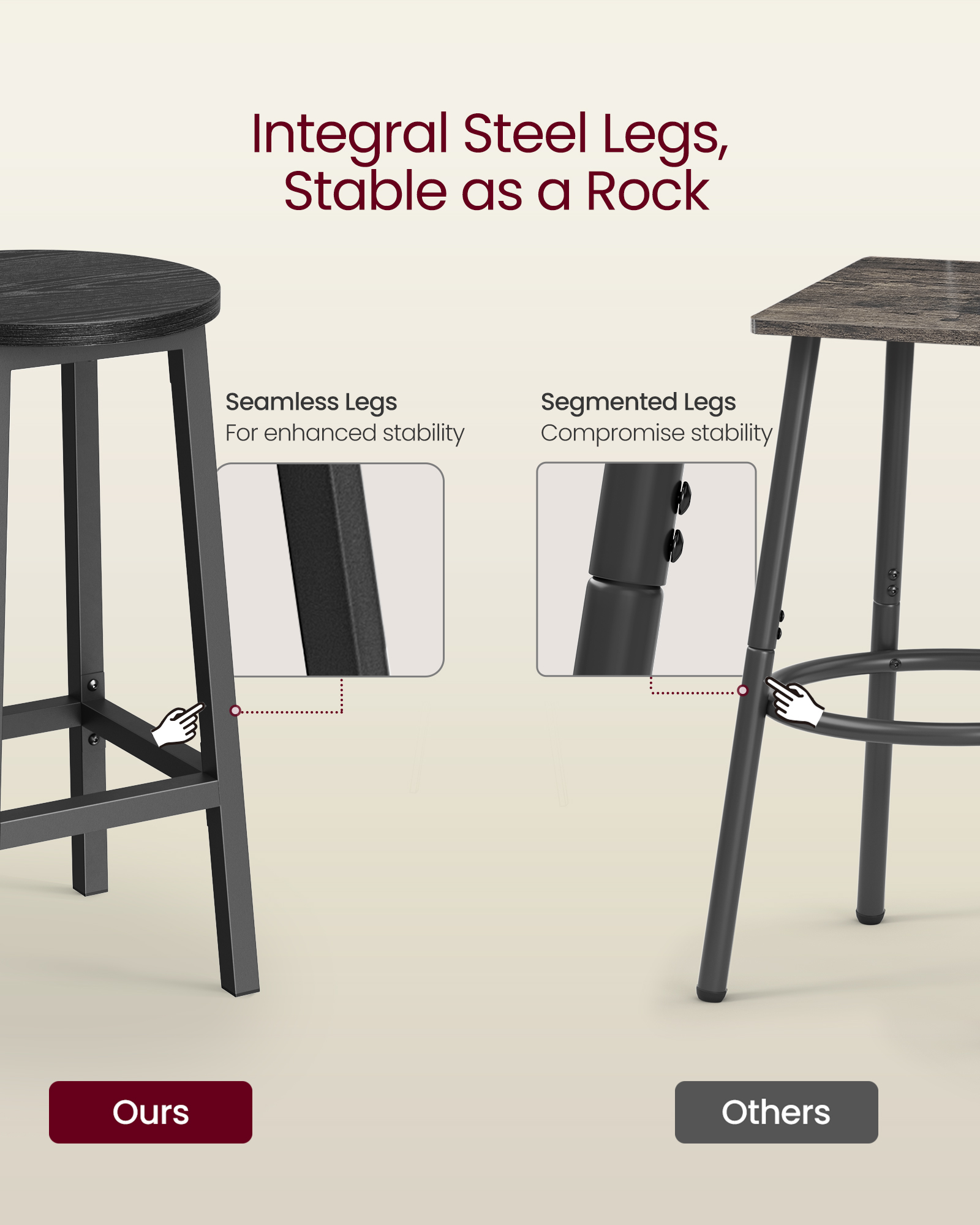VASAGLE Bar Stools Set of 2, Kitchen Stools, Bar Chairs with Metal Frame and Footrest, Easy to Assemble, for Living Room