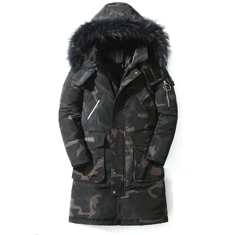 Jaqueta masculina com capuz longo, Parkas quentes grossas, casaco de gola de pele, corta-vento camuflado, jaqueta de pato branco, moda inverno