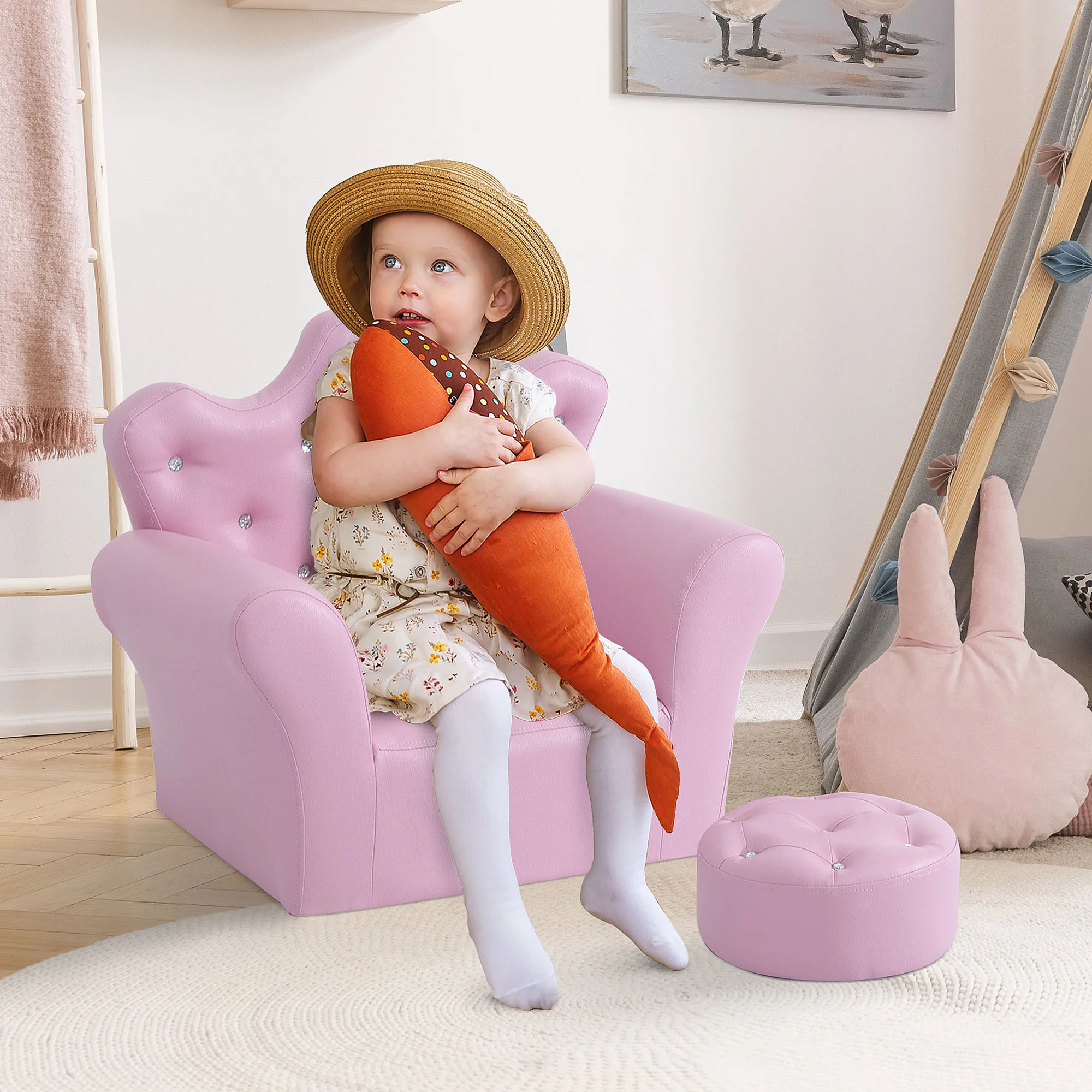 HOMCOM Divano per Bambini con Sgabello Poltrona per Bambini Decorazione con Schienale Alto a Forma di Corona 58x40,5x49 cm Rosa