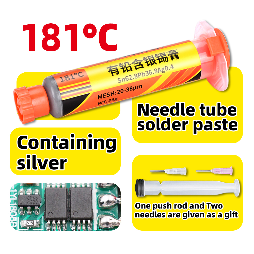 Pasta de soldadura que contiene plomo y rodamiento de plata de 181 grados para soldadura de jeringa, aplicada en chip SMT (tecnología de montaje en superficie)