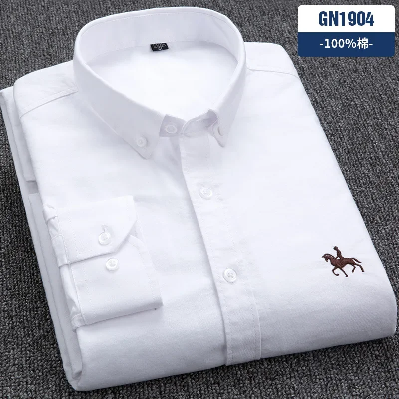 Camicia da uomo casual in cotone slim fit con logo cavallo camicia inferiore in pollici Camicia a righe a maniche lunghe con spinning Oxford