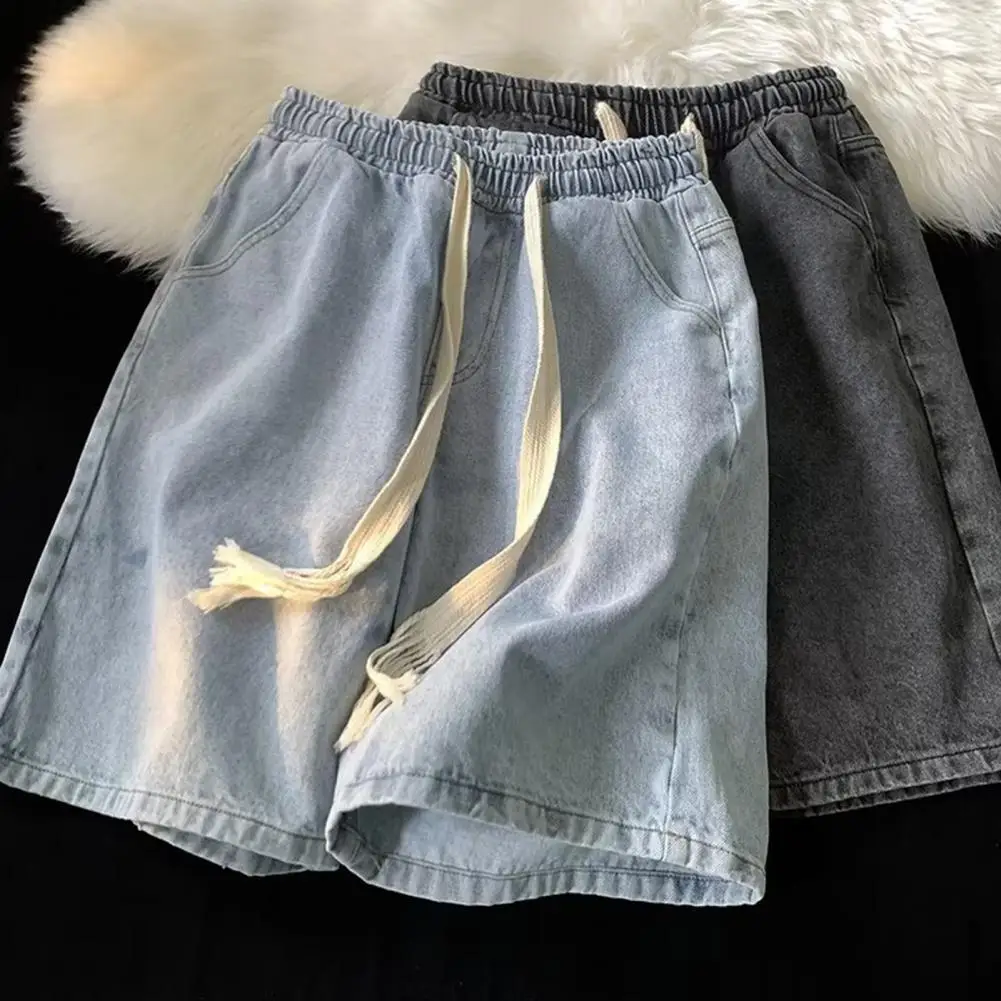 ผู้ชายกางเกงขาสั้นผ้ายีนส์ขากว้างผู้ชาย Quick-drying DENIM กางเกงขาสั้นชายหาดยืดหยุ่นสายรัดเอวกระเป๋าฤดูร้อนกางเกงขาสั้นขากว้าง