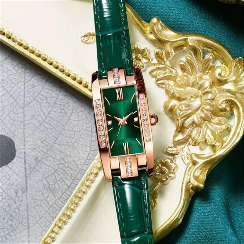 Relojes cuadrados de moda para mujer, reloj de cuarzo para mujer, conjunto de pulsera de cuero simple con esfera verde, relojes de lujo para mujer