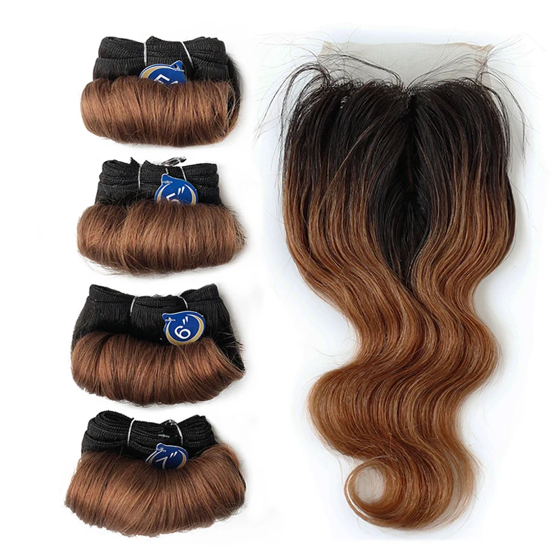 Onda do corpo brasileiro pacotes com fechamento t parte fechamento do cabelo humano com pacotes de cabelo curto onda do corpo 4 pacotes com fecho