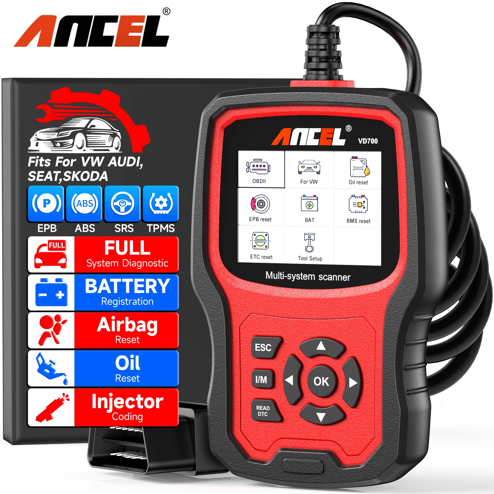 Ancel vd700 scanner obd2 profissional para vw para audi para assento para skoda óleo epb sas tpms redefinir leitor de código do sistema completo