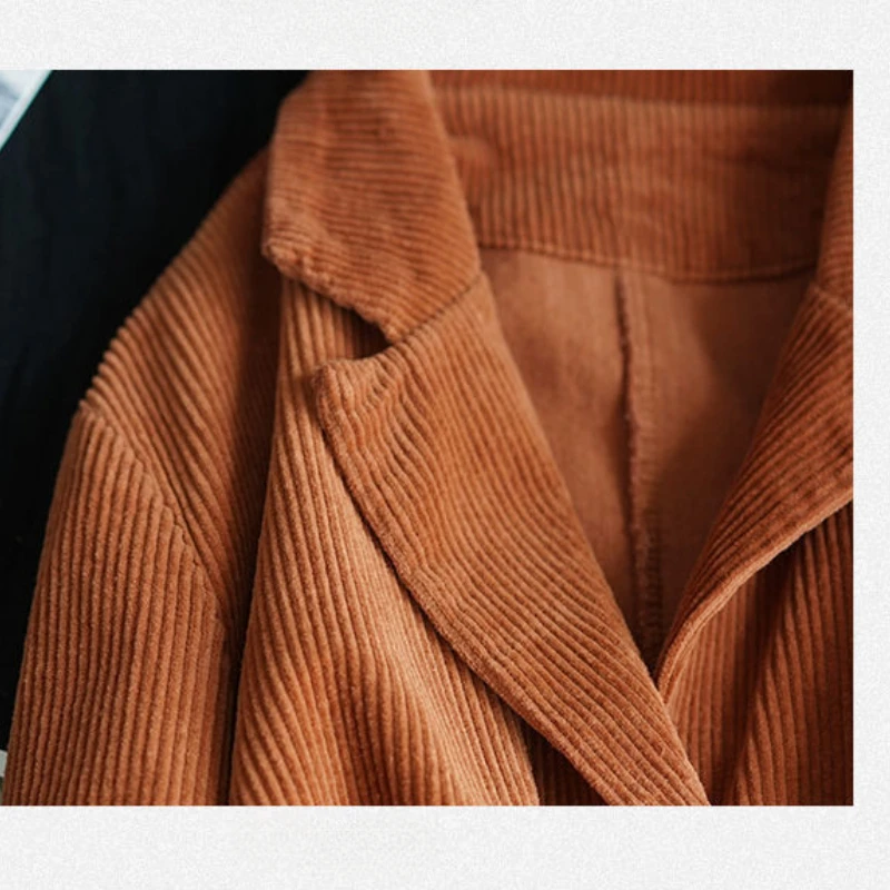 Corduroy ชุดคอปกสีทึบสั้นผู้หญิงใหม่ฤดูใบไม้ร่วงแขนยาววรรณกรรมและ Retro Casual Coat Top