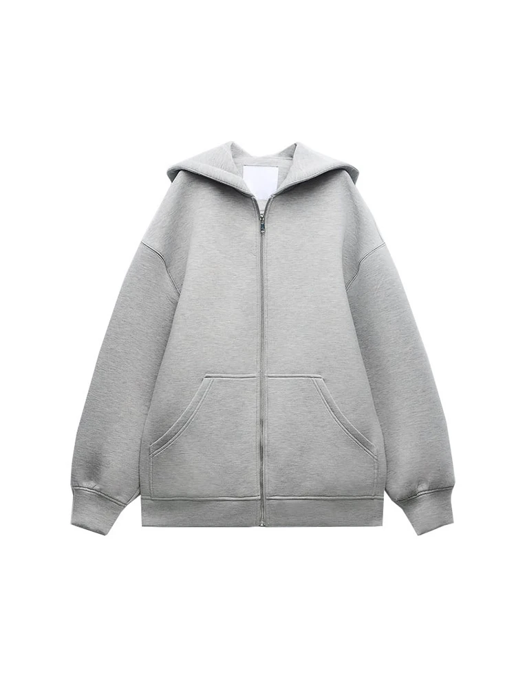 Moda feminina Casaco com capuz outono e inverno Cinzento Manga comprida com bolso e fecho de correr Casaco casual para mulher