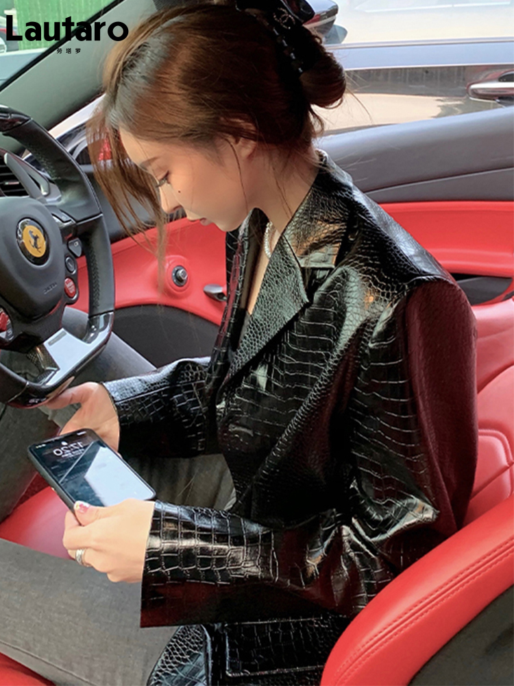 Lautaro-Damen-Blazer aus PU-Leder mit Krokodildruck, einreihige Jacke, glänzend reflektierend, Schwarz, Rosa, Frühling, Mode