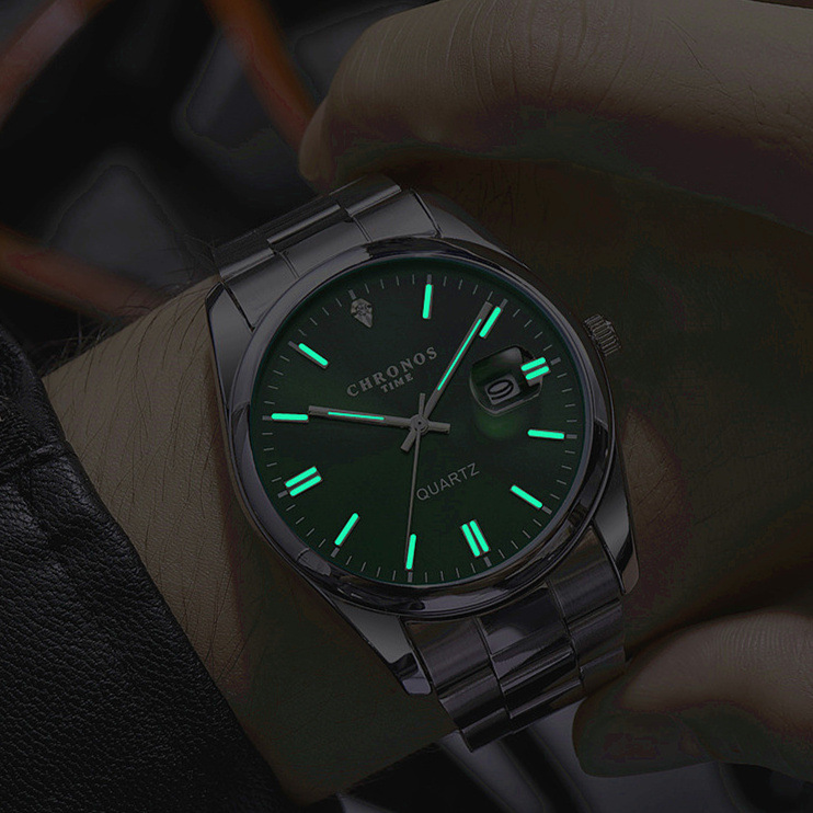 CHRONOS-reloj de pulsera de lujo para hombre, cronógrafo de cuarzo, de acero inoxidable, resistente al agua, con fecha luminosa