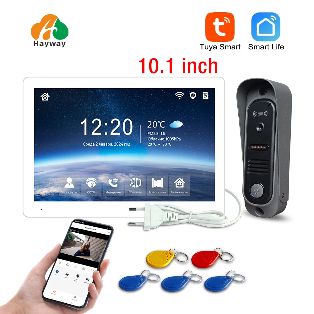 Tuya Wireless IPS 10 "tela sensível ao toque 1080P câmera kit de intercomunicação de vídeo, com detecção móvel, desbloqueio de controle de acesso ID,