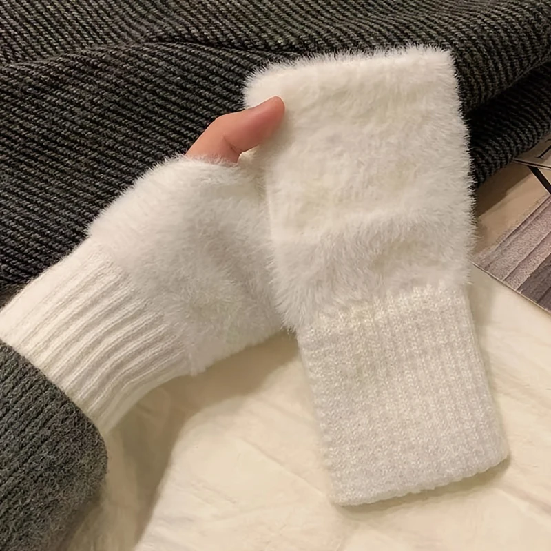 Herbst Winter Weiche Nerz Fleece Halbe Finger Handschuhe Frauen Plüsch Gestrickte Finger Handschuhe Handgelenk Fäustlinge Fahren Schreiben Handschuhe