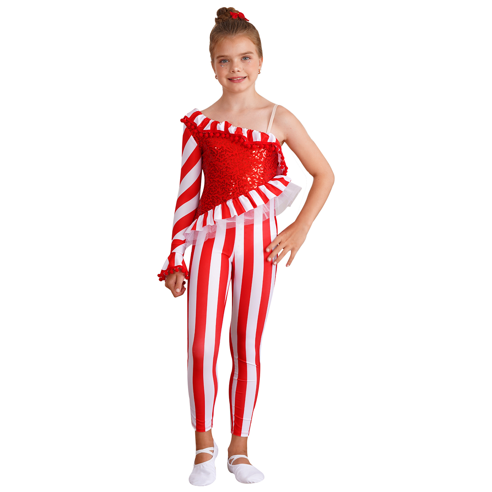 เด็กหญิง Candy Cane คริสต์มาสเต้นรำ Bodysuit Jumpsuit Unitard One ไหล่ Xmas Holiday Santa Sweetie เครื่องแต่งกาย Dancewear