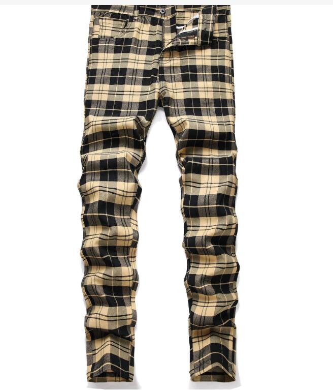 Men's Casual Plaid Pants, High Stretch, Straight Leg Trousers, Slim Fit, Small Leg Pants