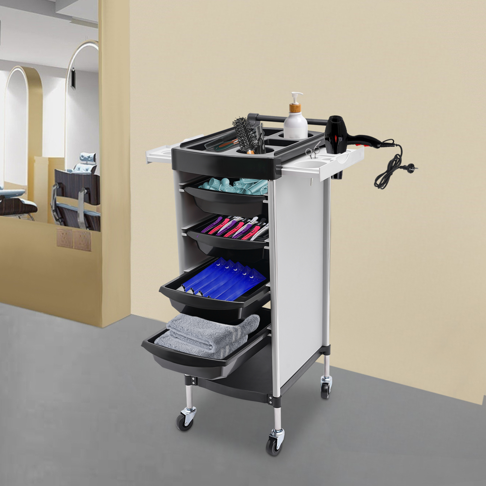 Salon Trolley, PP 6-Tier Drawer-Type Multi-Functional Salon Trolley, Hairdressing Shelf with Wheels  36 * 37 * 85cm