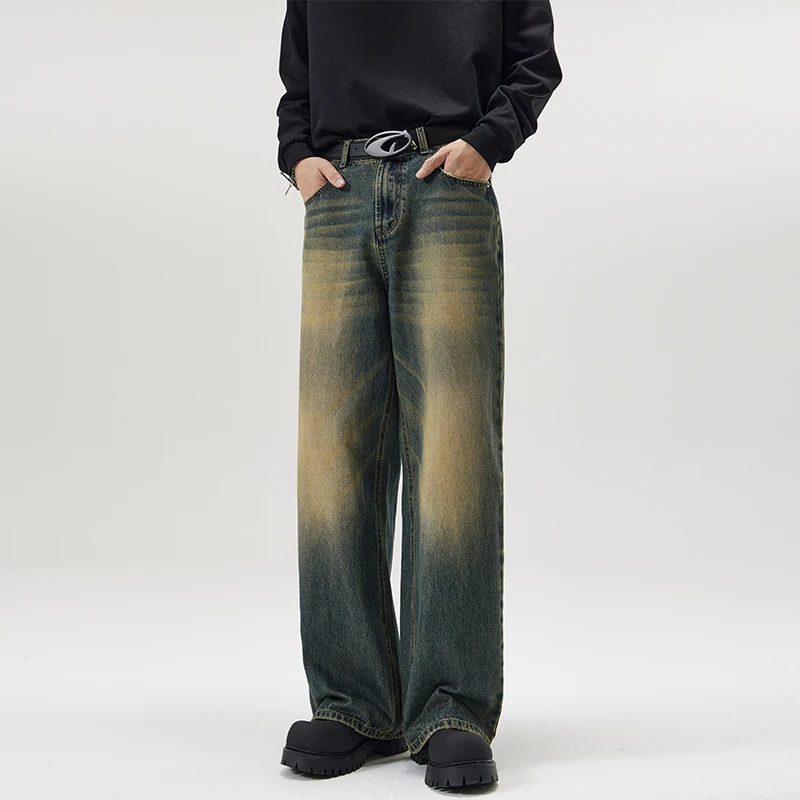 Pantalones vaqueros rectos holgados Vintage desgastados para hombre, pantalones vaqueros con efecto bigote de calle coreana para primavera y otoño, pantalones de calle