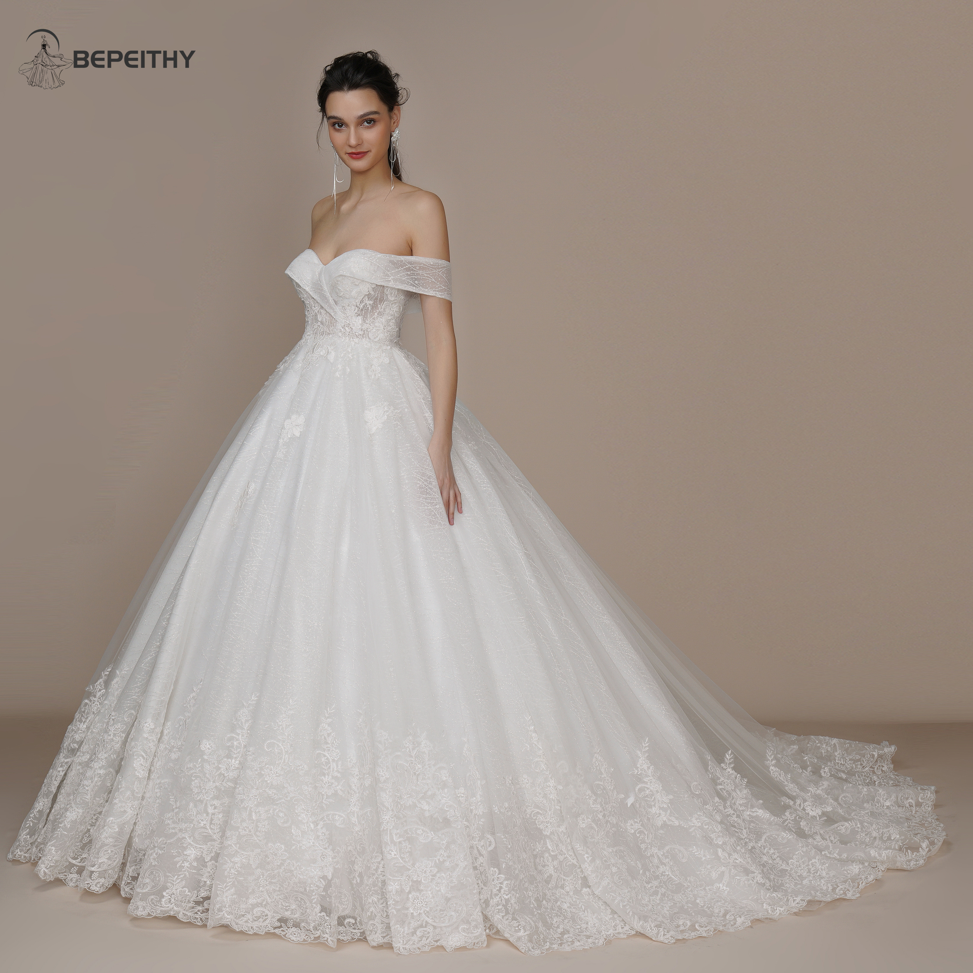 BEPEITHY – robe de mariée princesse Vintage personnalisée pour femmes, sans bretelles, avec traîne Court, manches détachables, robe de bal scintillante
