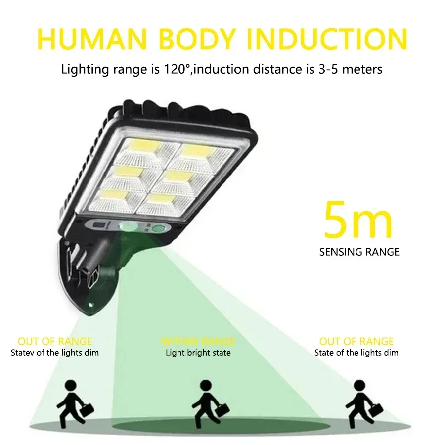 Luz de rua solar externa 72/108COB com sensor de movimento 3 modos de indução humana luz solar à prova d'água para garagem jardim pátio