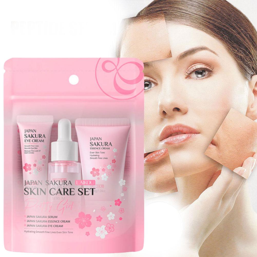 Sakura Skin Care Sets para Mulheres, Creme facial, Essência Eye Serum, Face Skin Care Set, Product Gift Box, 3pcs