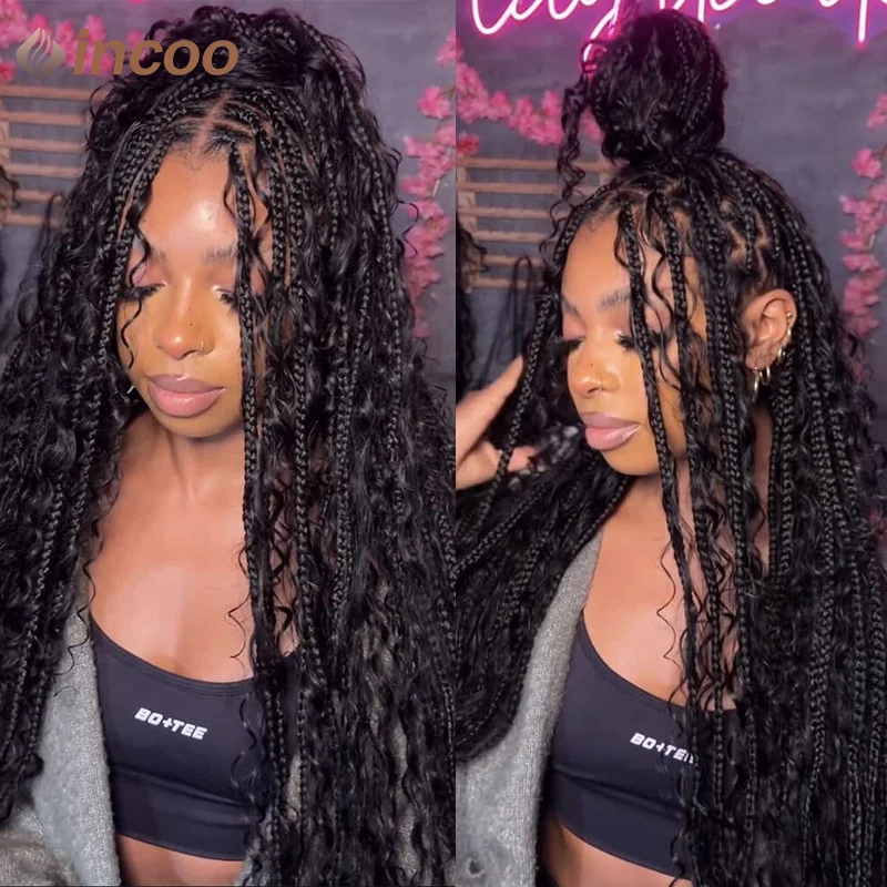 Boho กล่อง Braided Wigs ผมหยิกสังเคราะห์วิกผมลูกไม้ด้านหน้าด้านหน้าสําหรับผู้หญิงสีดําเทพธิดา Locs Braid วิกผม Bohemian กล่อง Braid วิกผม