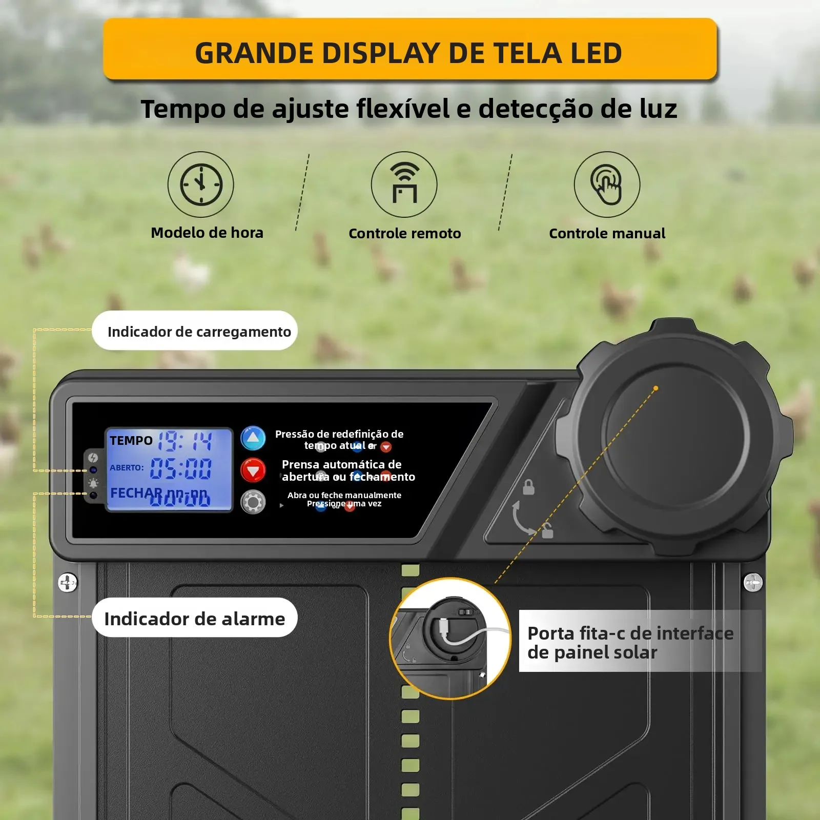 Porta automática de galinheiro movida a energia solar, porta automática de galinheiro com display LCD com temporizador Porta de frango de liga de alumínio com controle remoto