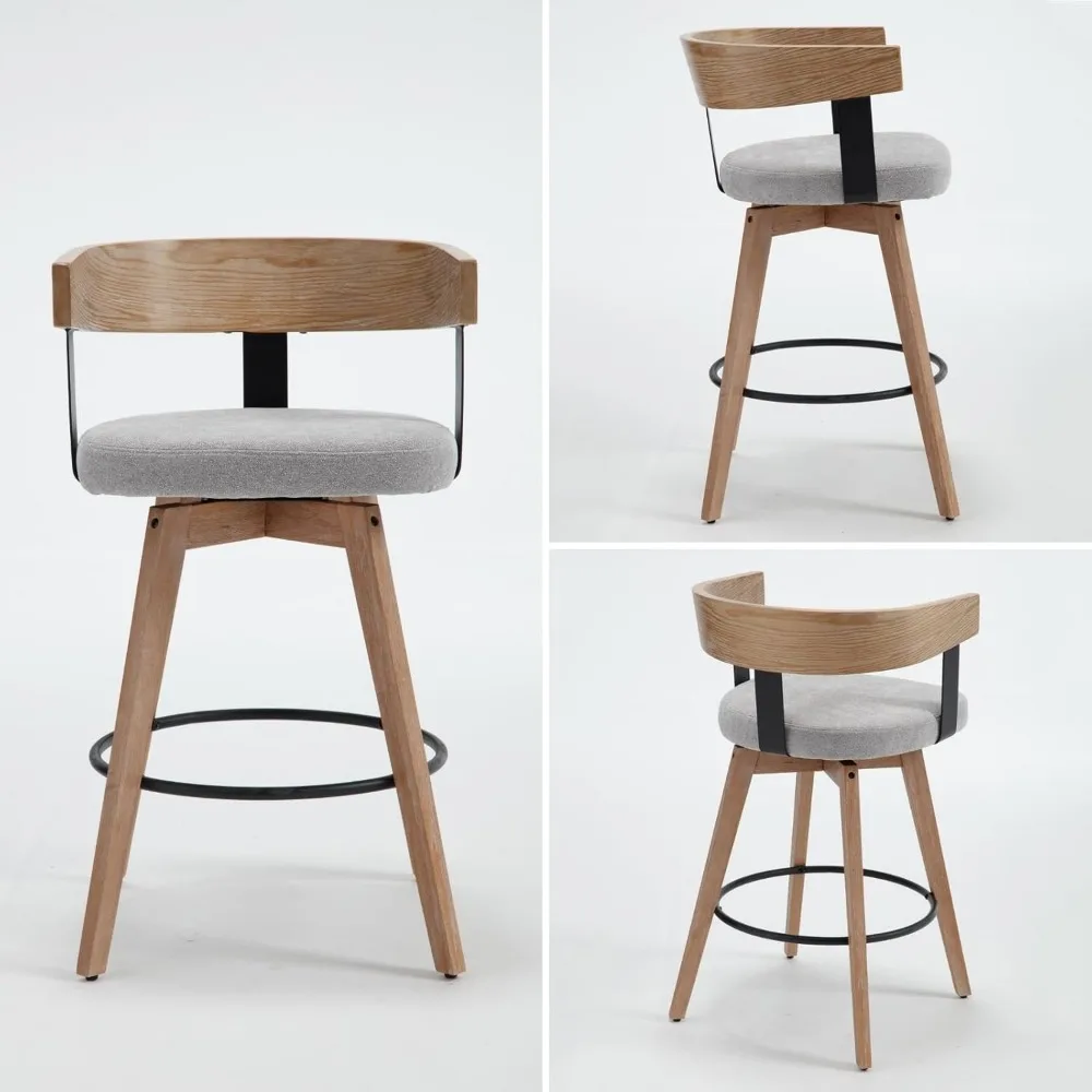 Modern Grey Linen Upholstered 360-Degree Swivel Bar Stool Set of 3 - 26" Counter Height with Footrest & Backrest - Ideal