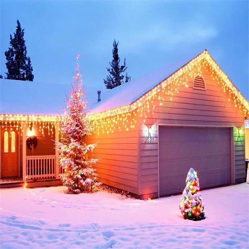 ตกแต่งคริสต์มาสสําหรับกลางแจ้ง LED Curtain Icicle String Light Street Garland บนบ้านฤดูหนาว 2025 รอมฎอนตกแต่ง