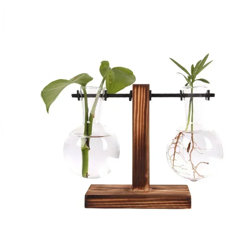 Vaso a bulbo trasparente con supporto in legno Fioriera in vetro da tavolo per piante idroponiche Coffee Shop Room Decor