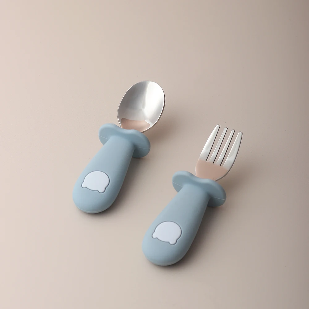 Colher e garfo de silicone em forma de panda para bebê, colher de alimentação de bebê em aço inoxidável