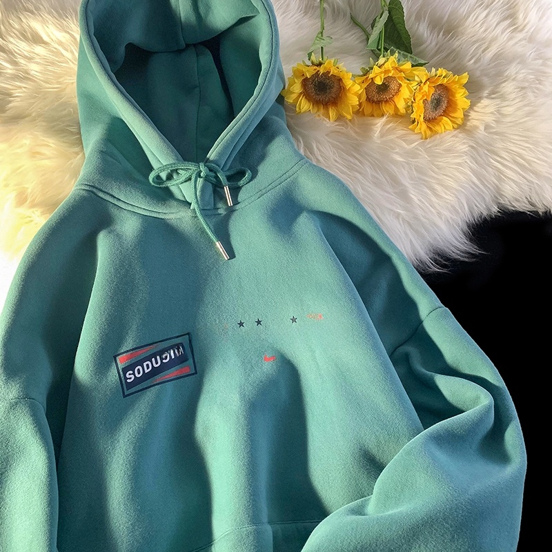 Retro American Fleece Lined Oversized Hoodie Thick Warm Purple Outerwear Loose Comfortable Long Sleeve Cotton Sweatshirt